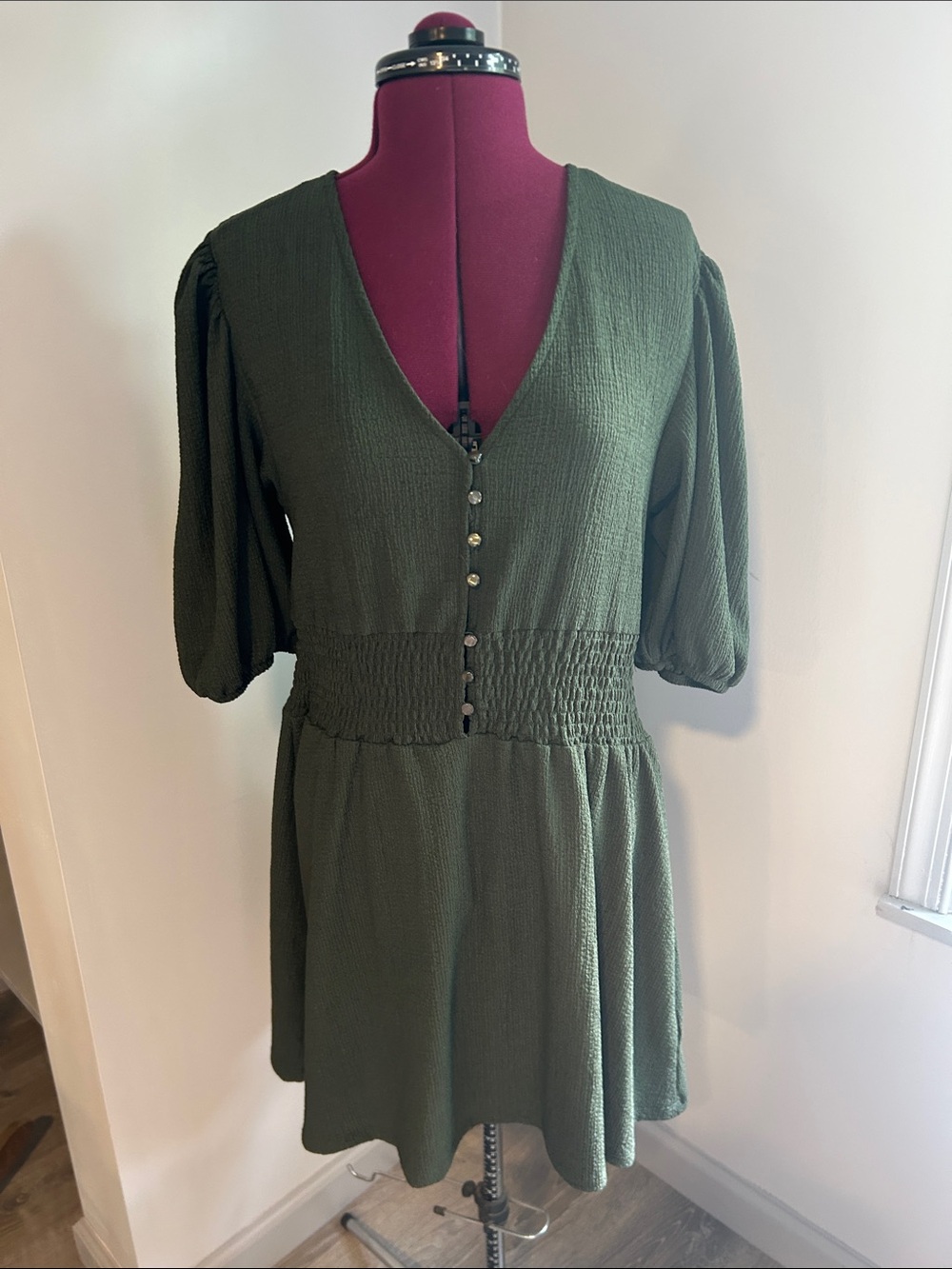Women's Olive Green V-Neck Smocked Waist Mini Dress